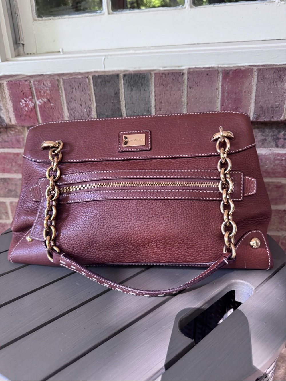 Dolce & Gabbana Burgundy Pebbled Leather Shoulder Bag with Gold Chain Straps